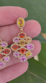 Yellow gold multi color oval sapphires and diamond dangle earrings