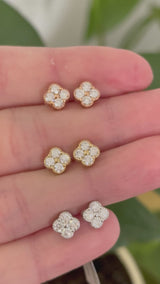 Lab diamond clover stud earrings available in white, yellow and rose gold