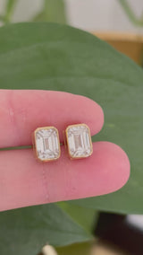 Yellow gold bezel set IGI certified 2+2ct emerald cut lab diamond stud earrings with screw backs