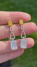 White and yellow gold oval yellow lab diamond and emerald cut and round white lab diamond dangle earrings