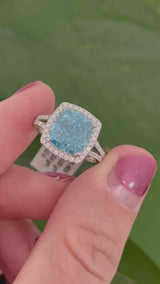 White gold cushion cut blue lab diamond and white lab diamond ring