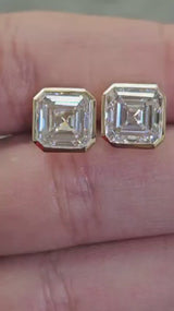 4.04Cttw Bezel Set Yellow Gold Asscher Shape Lab Diamond Earring