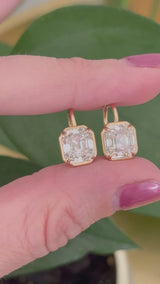 Yellow gold antique emerald cut lab diamond hook earrings