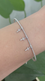 White gold natural diamond dangling cross flex bracelet