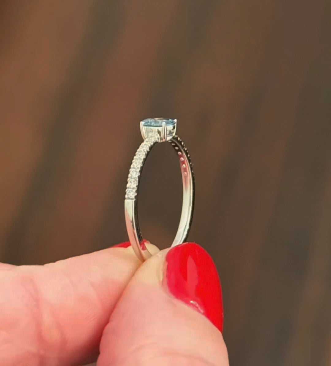 White Gold Blue Oval & White Lab Diamond Ring