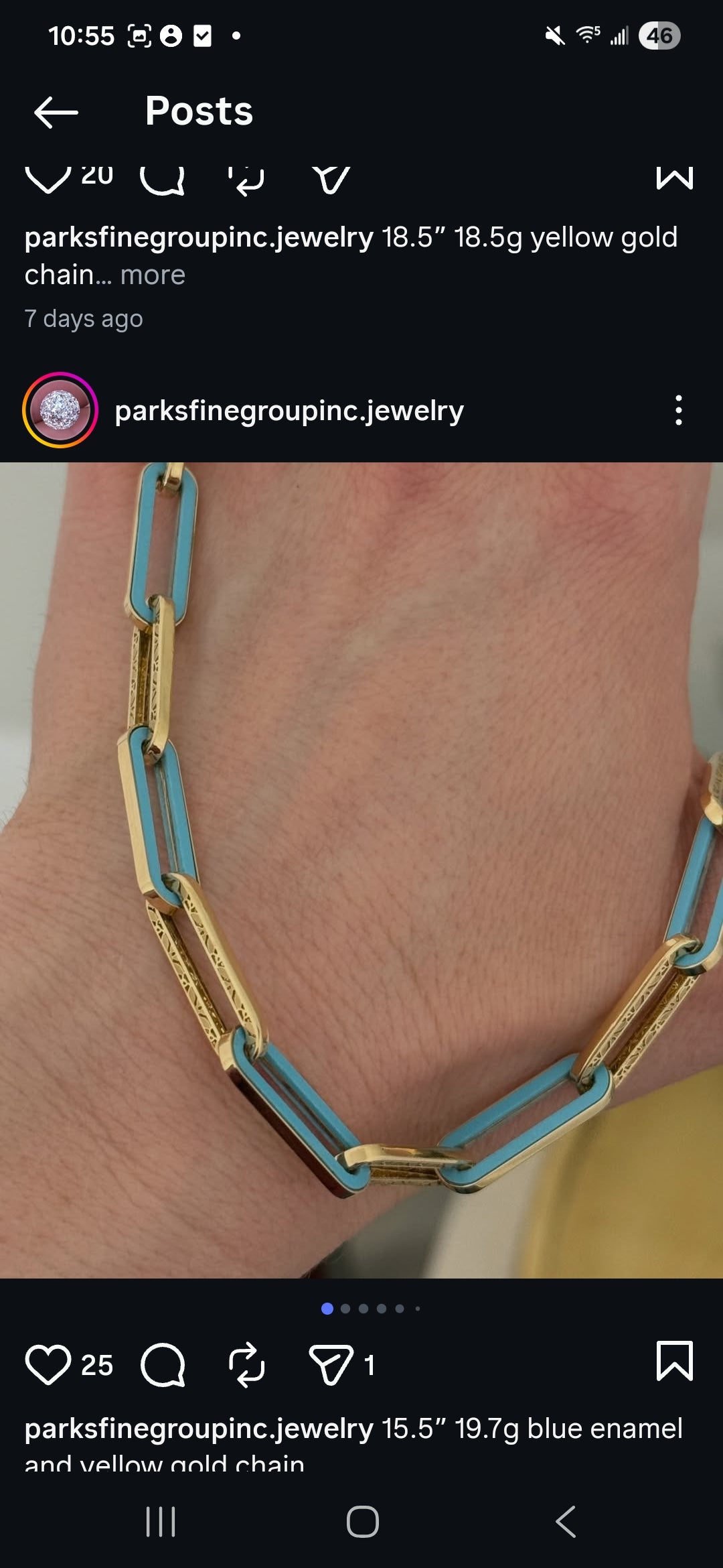15.5" blue enamel & Yellow Gold Chain