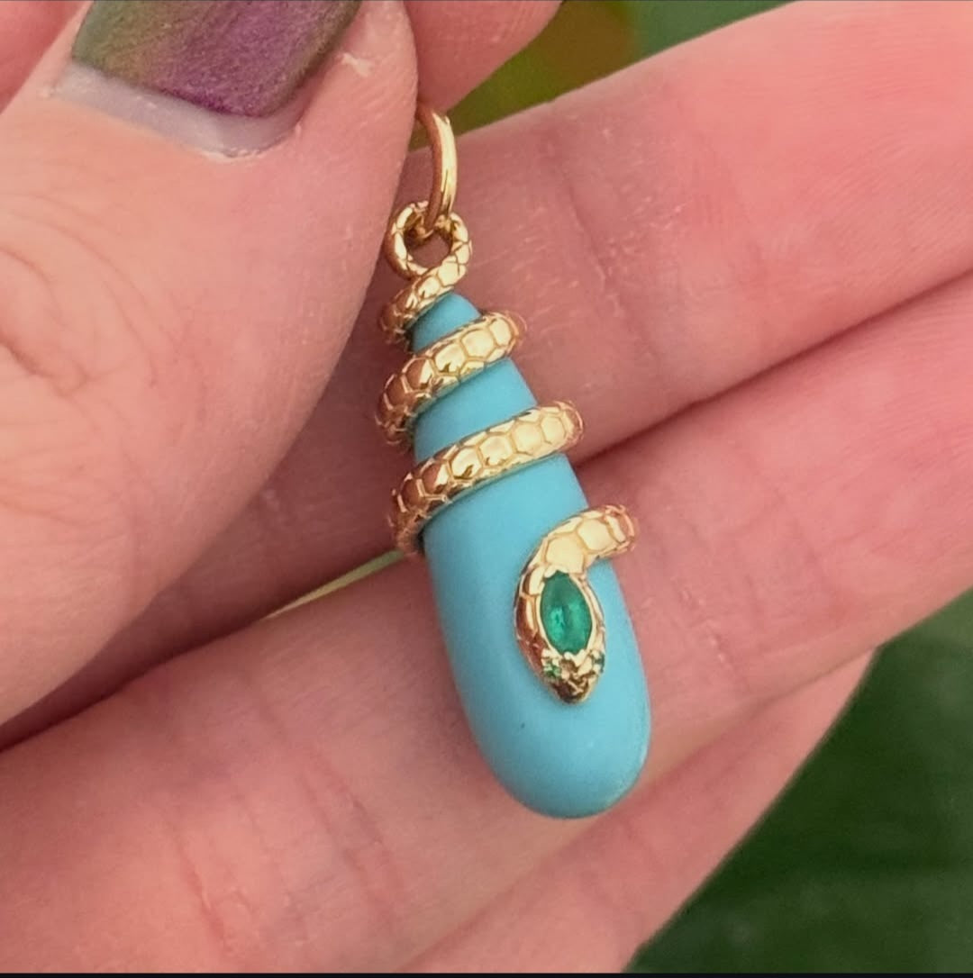 Yellow Gold Emerald & Turquoise Snake Pendant