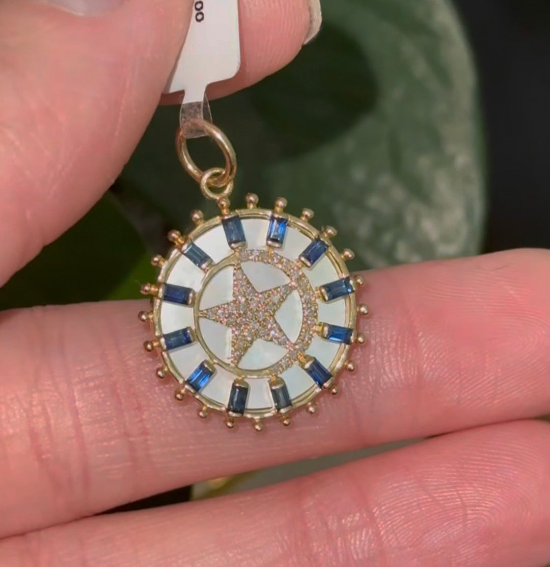 Yellow Gold Diamond,Sapphire & Mother of Pearl Pendant