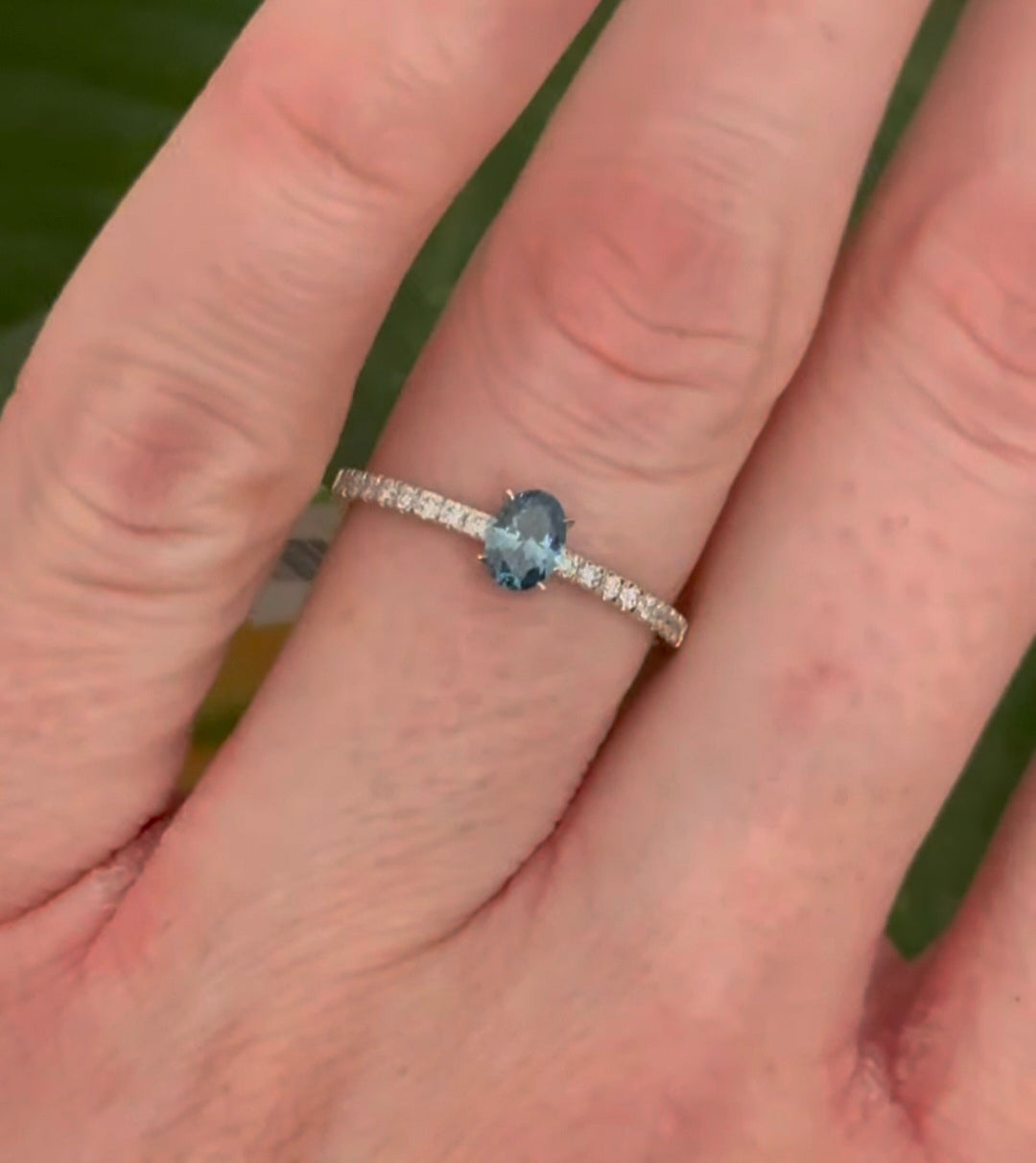 White Gold Blue Oval & White Lab Diamond Ring