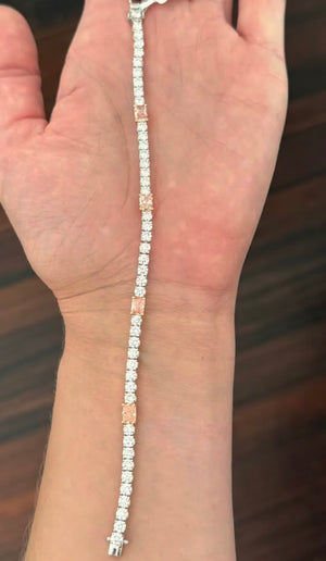 8.57ct radiant pink lab diamond
and round white lab diamond tennis bracelet