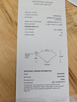 IGI 8.01ct GVS1 Lab Asscher cut + Custom ring 14k size 6