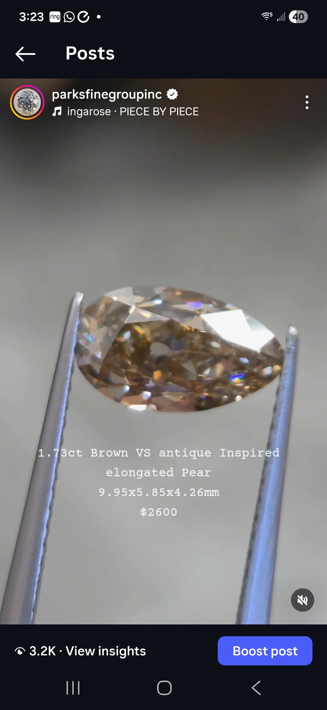 1.73ct brown antique pear diamond