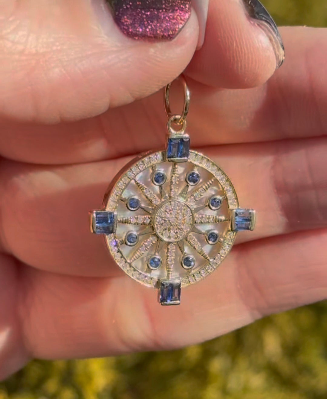 Yellow Gold Diamond,Sapphire mother of pearl pendant