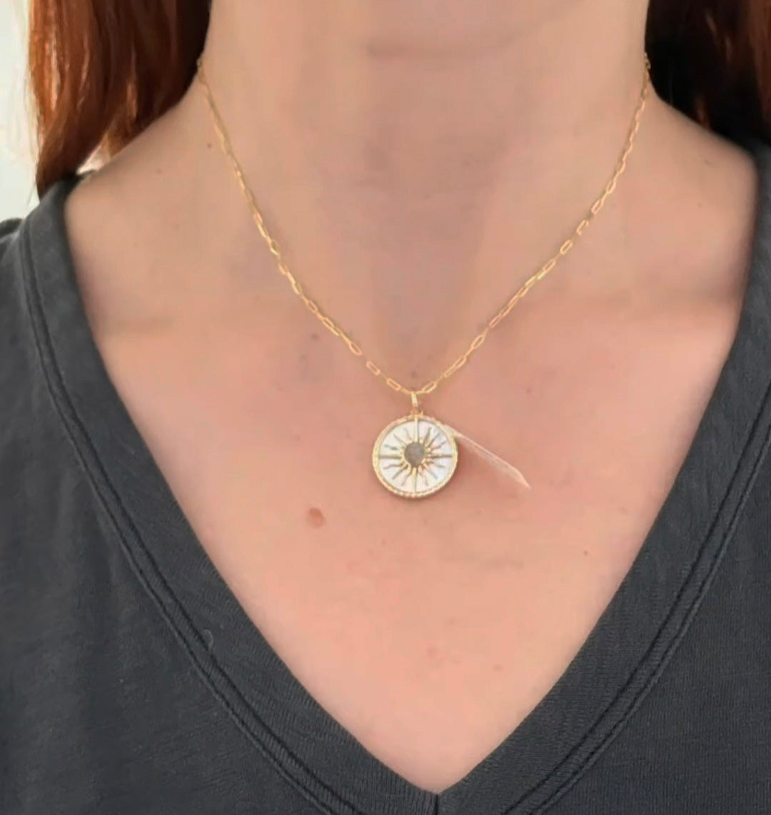 Yellow Gold labradorite & Mother of pearl sun pendant