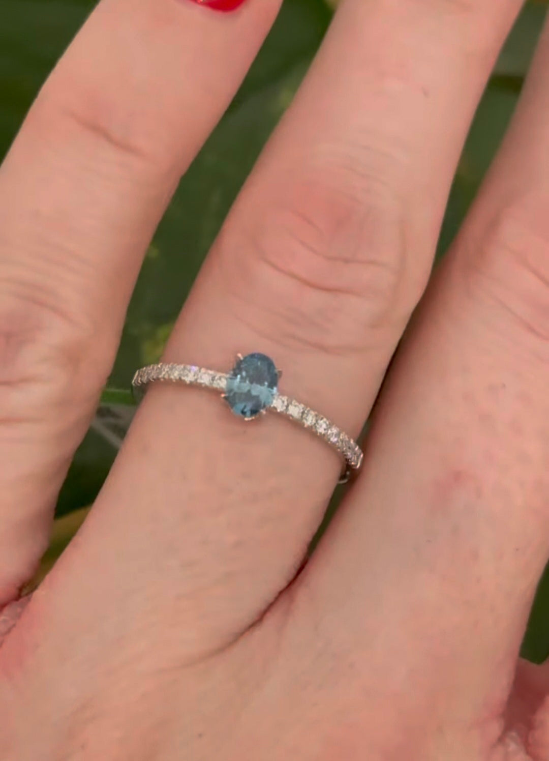 White Gold Blue Oval & White Lab Diamond Ring