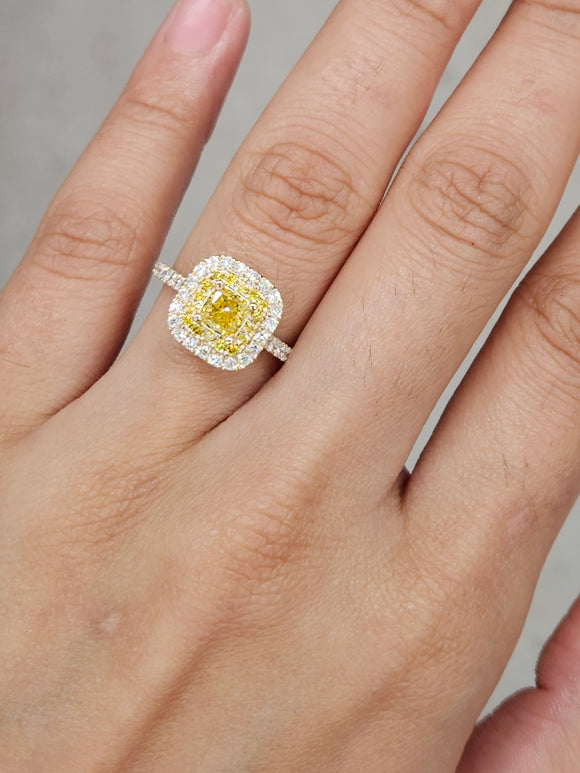 *Premade* 1.52 cttw Fancy Yellow Princess Double Halo Ring, 3/4 Lab Diamond Shank