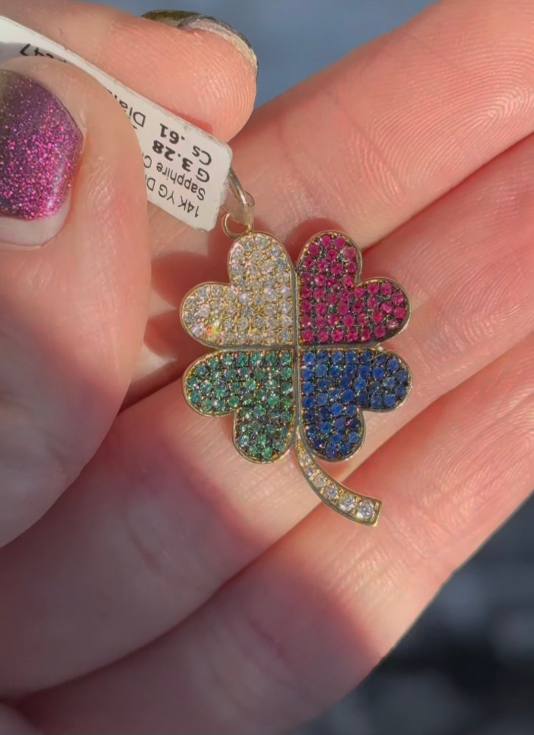 Diamond, Ruby & Sapphire clover pendant