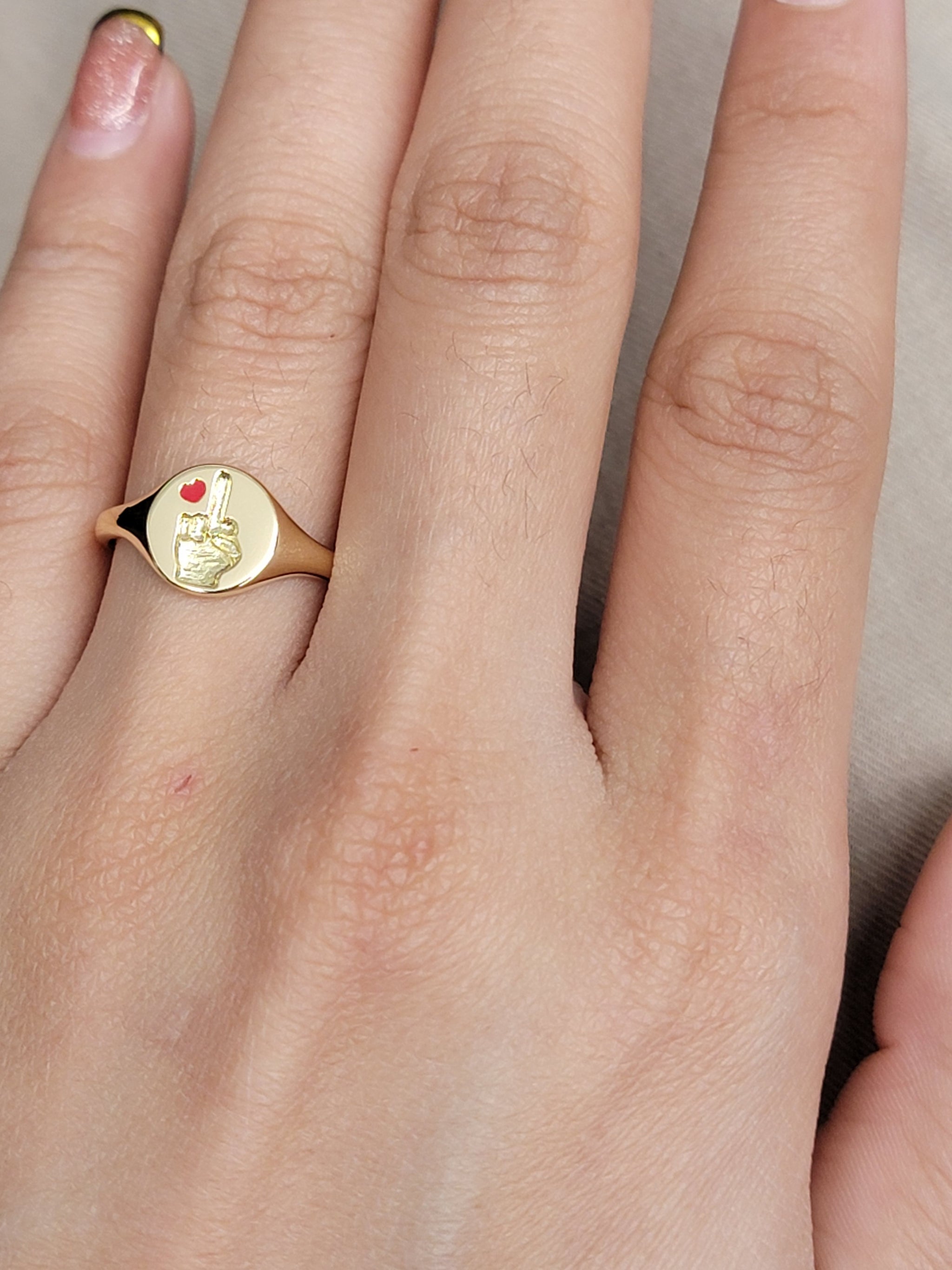 18k Yellow + Enamel F U  ring