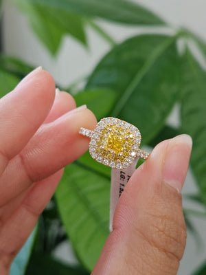 *Premade* 1.52 cttw Fancy Yellow Princess Double Halo Ring, 3/4 Lab Diamond Shank