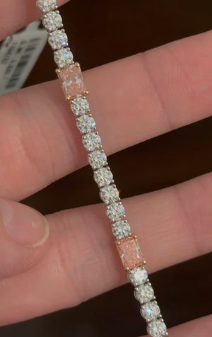 8.57ct radiant pink lab diamond
and round white lab diamond tennis bracelet