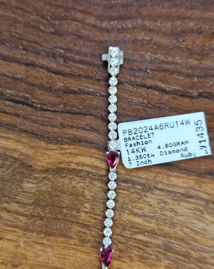 14k 1.35 ctw Diamonds and 1.40 CT Ruby 7 inches Bracelet