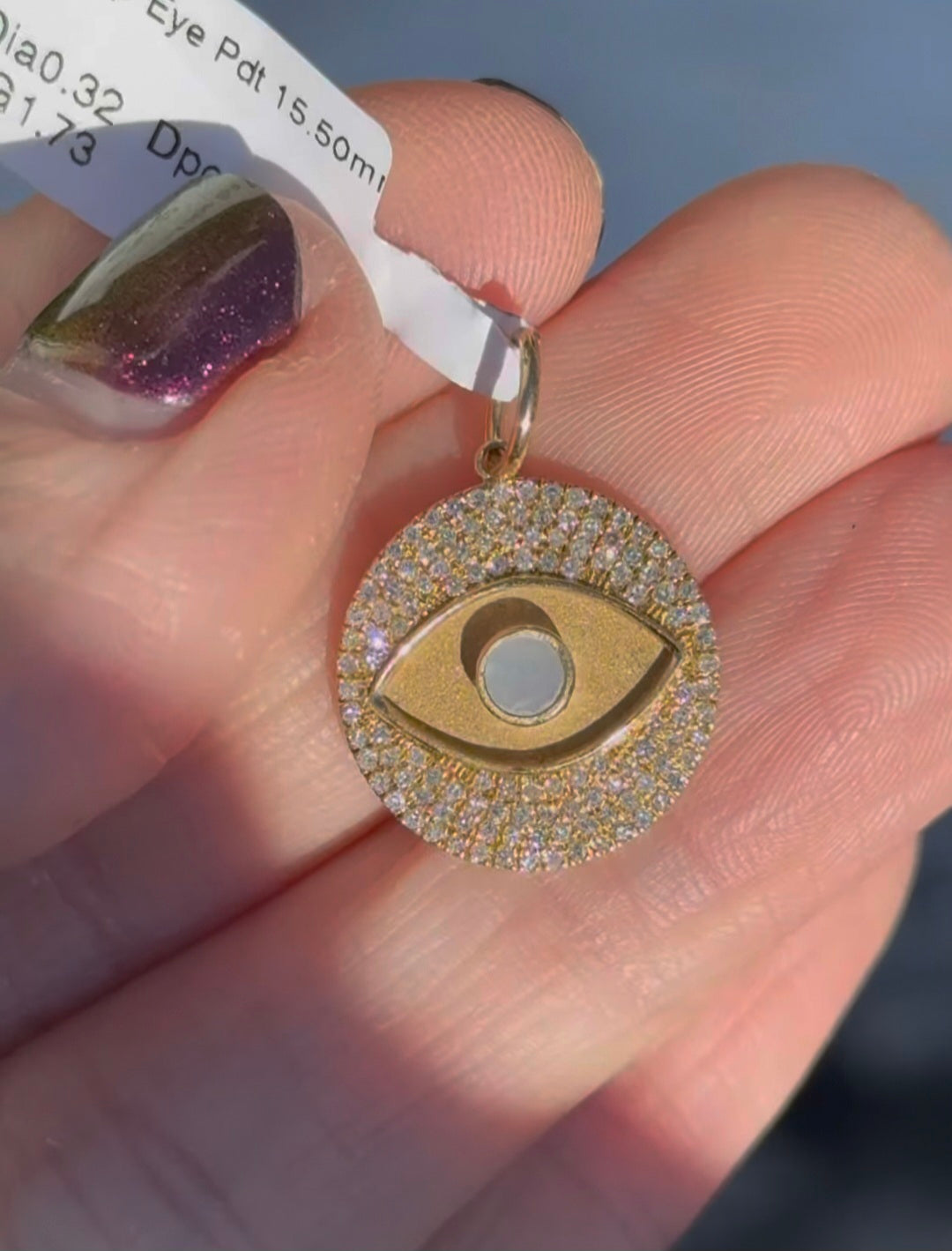 Yellow Gold Diamond & Mother of pearl evil eye pendant