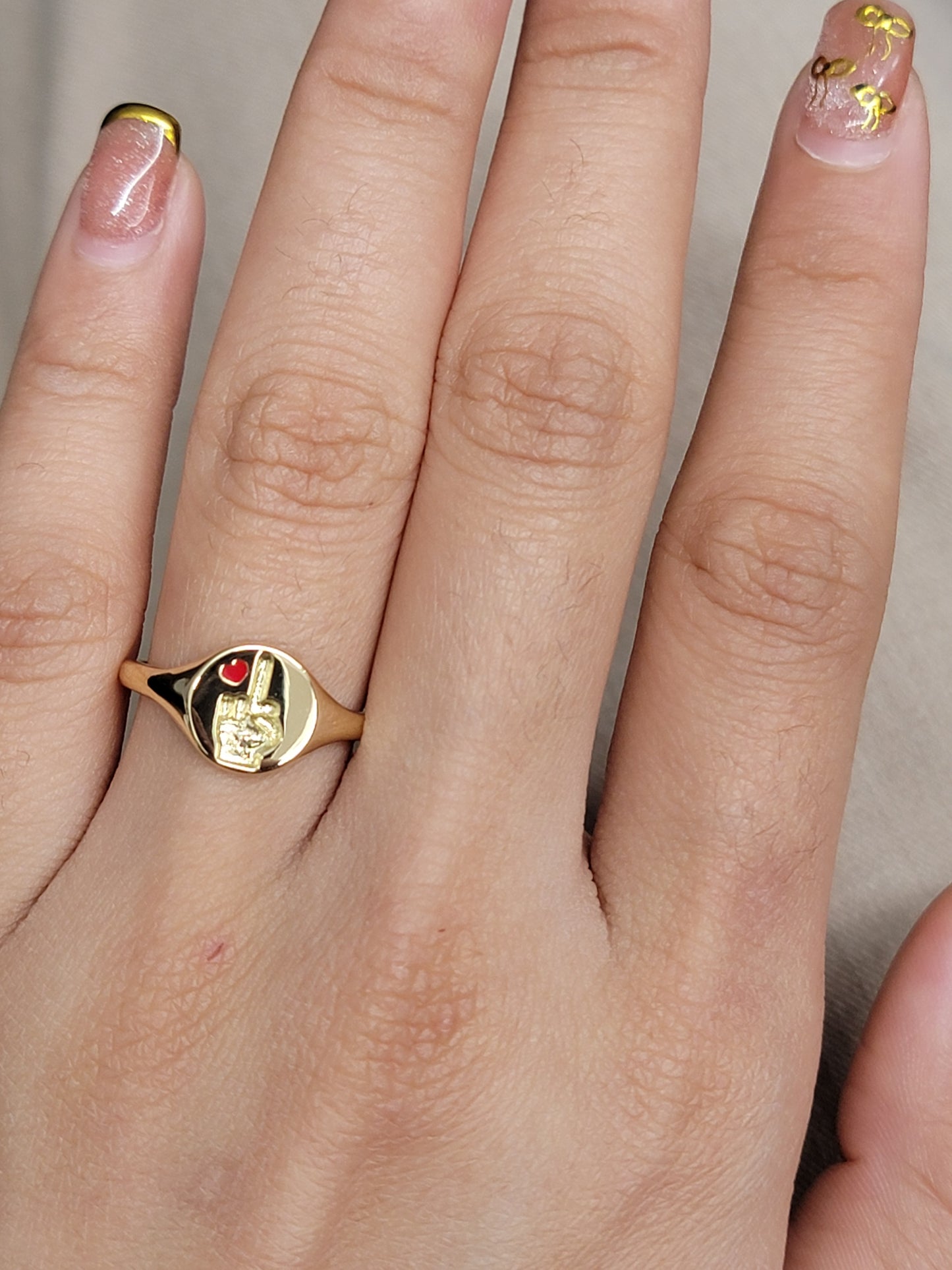 18k Yellow + Enamel F U  ring