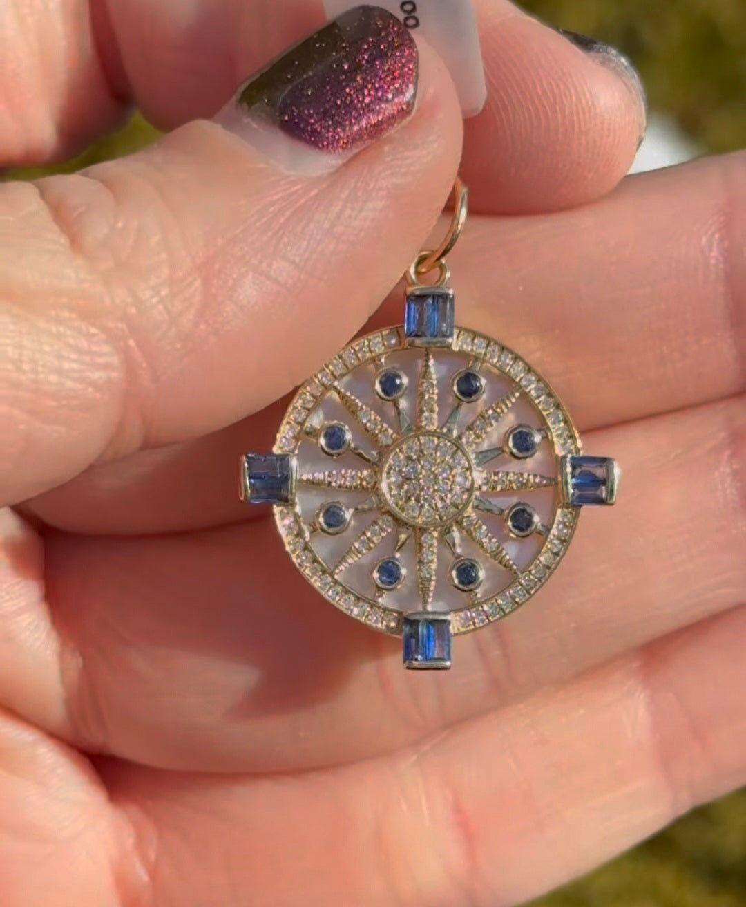 Yellow Gold Diamond,Sapphire mother of pearl pendant