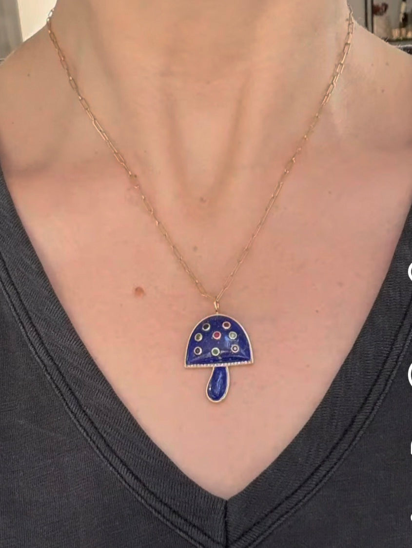 Yellow Gold Diamond, Multi Sapphire & Lapis Mushroom Pendant
