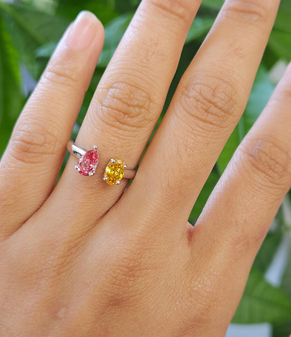 *Premade* 1.29 cttw White Gold Passby ring with Pink Pear Lab Diamond and  Fancy Yellow Oval Lab Diamond