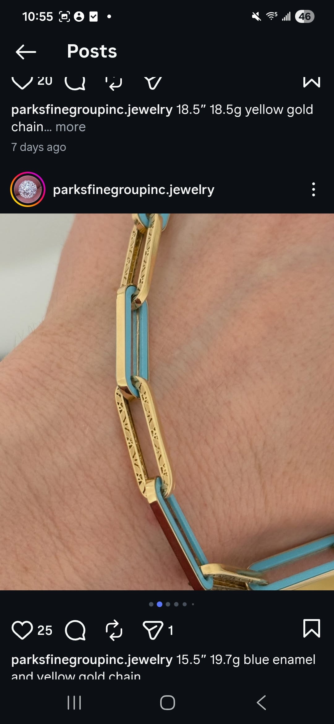 15.5" blue enamel & Yellow Gold Chain