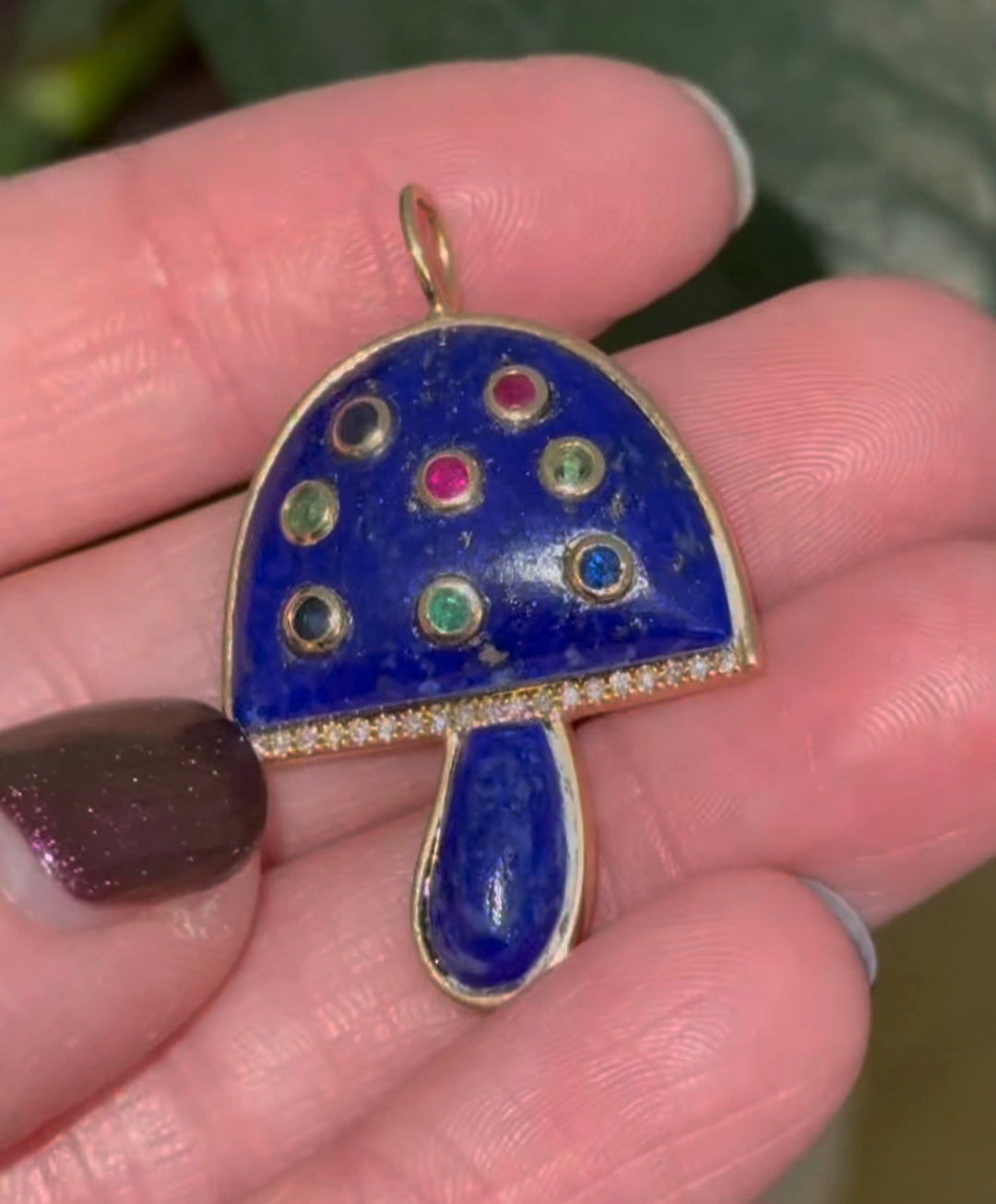 Yellow Gold Diamond, Multi Sapphire & Lapis Mushroom Pendant