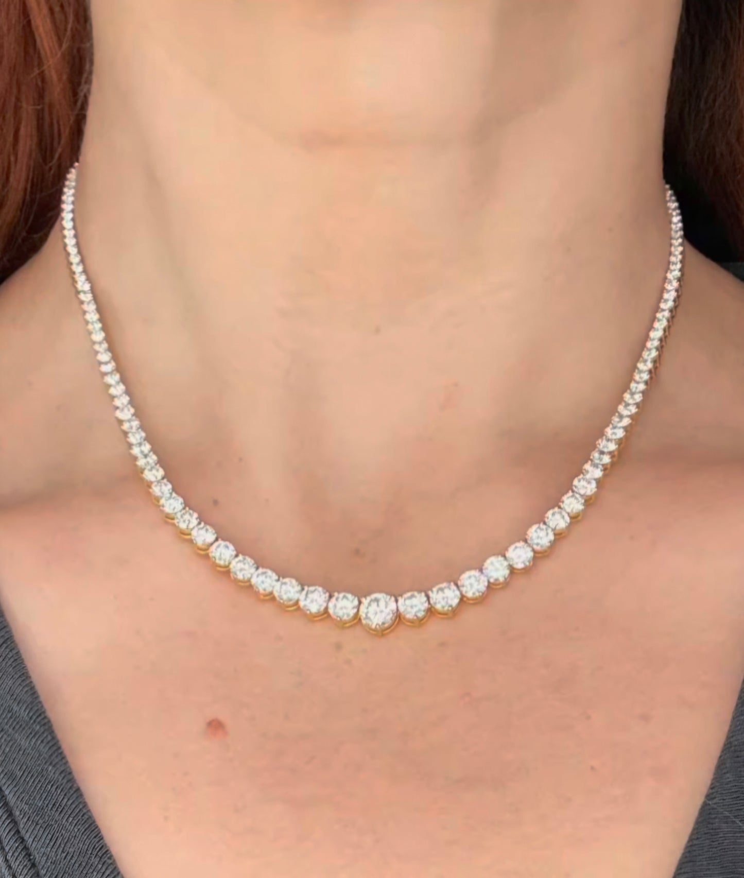 15.29ct Yellow Gold with White Gold Prongs graduated 16.5" Tennis Necklace