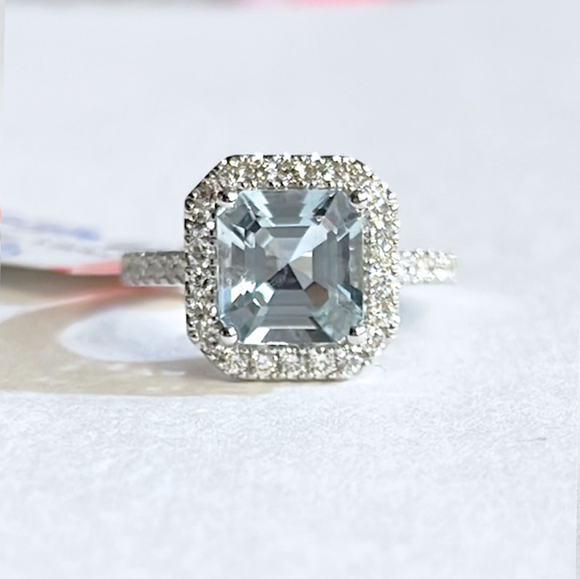 Square Emerald (Asscher) Aquamarine Diamond Halo Ring