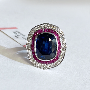 Cushion Sapphire Ruby & Diamond Halo Ring